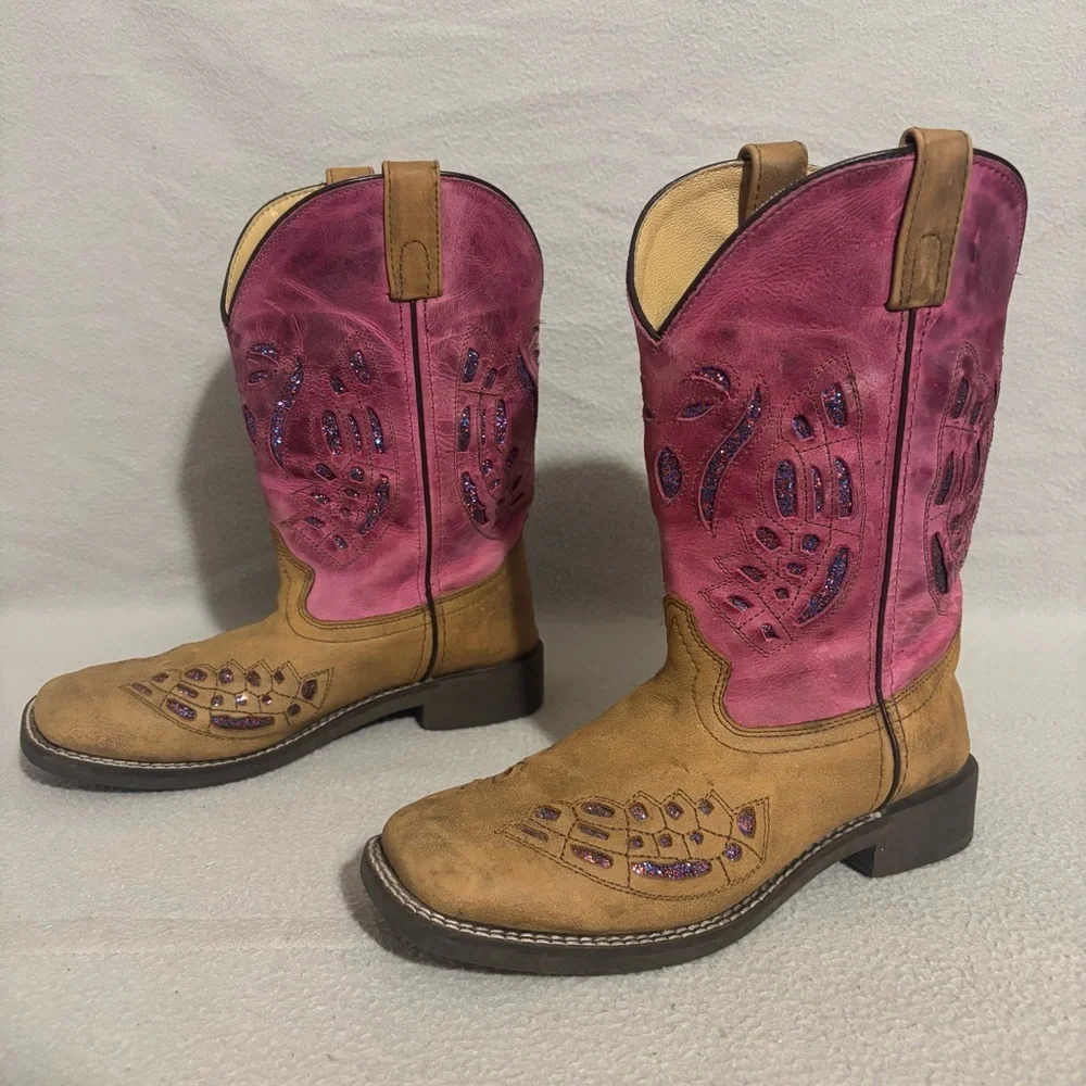 Shyanne Pink and Tan Western Chloe Glitter Boots Square Toe Size 5 D